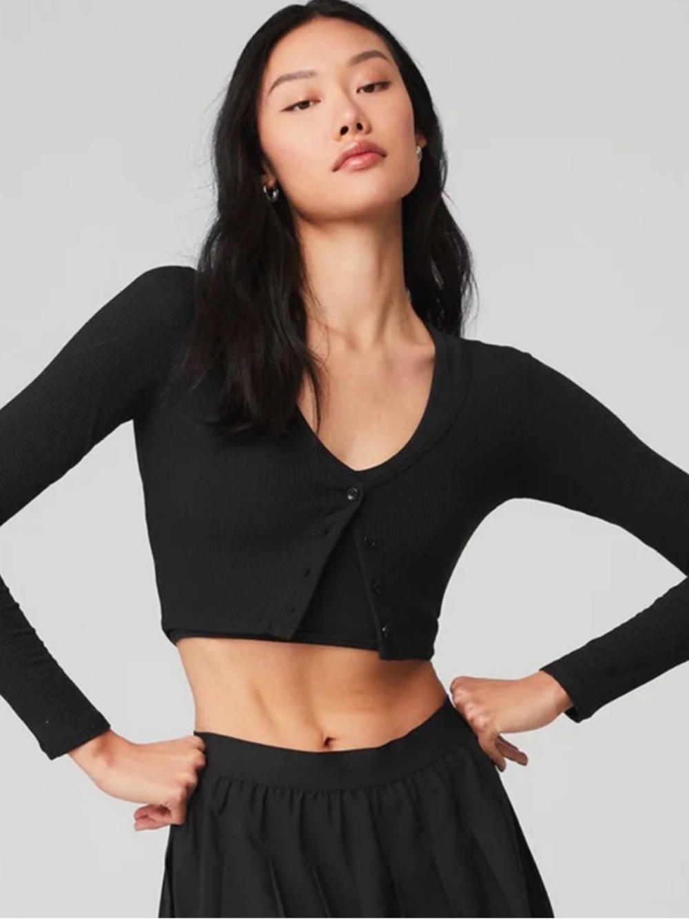 ALO Yoga Black Cropped Ribbed Long-Sleeve Button Top
